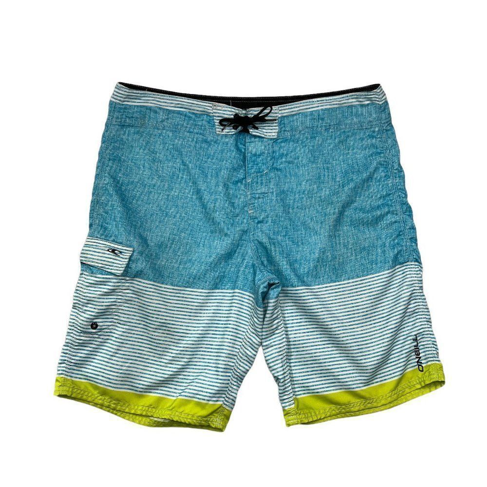 O'Neill Boardshorts Men's Size 36 Blue Lime Yellow Beach Summer Surf Swim Trunks